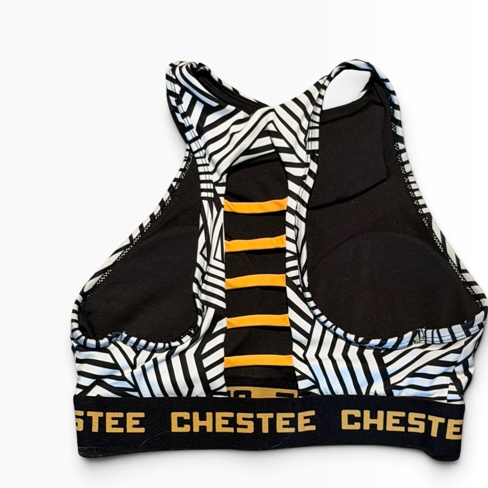 Chestee Padded Collar Weightlifting Sports Bra Geometric Black White Gold XS\S - Picture 2 of 5